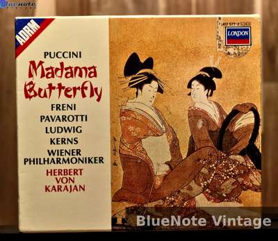 Cover artwork for Madama Butterfly by Puccini, Freni, Pavarotti, Ludwig, Kerns, Wiener Philharmoniker, Herbert von Karajan.