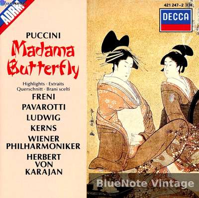 Cover artwork for Madama Butterfly by Puccini, Freni, Pavarotti, Ludwig, Kerns, Wiener Philharmoniker, Herbert von Karajan.